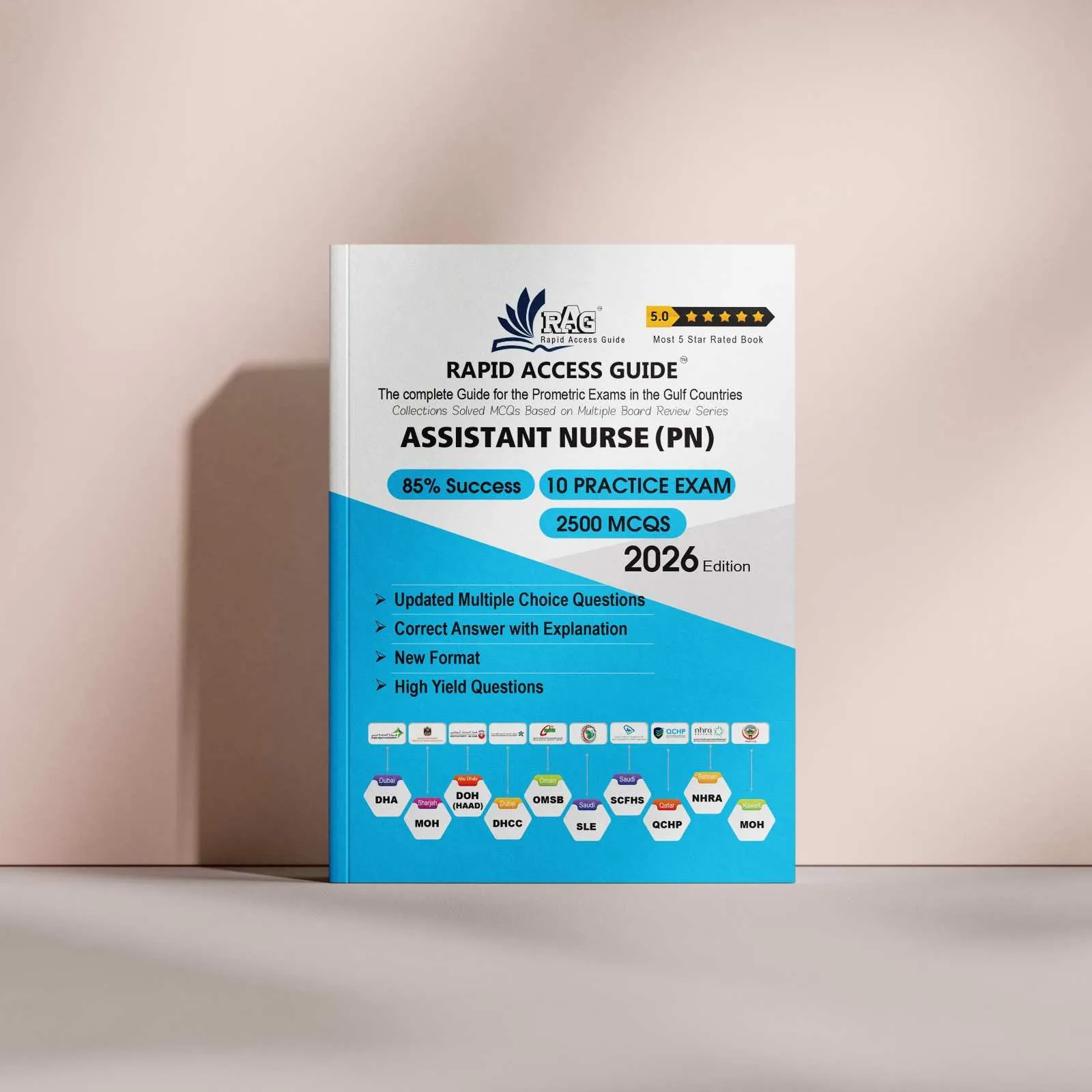 Assistant Nurse Prometric MCQ review book for Gulf exams, designed for nursing assistants with exam-oriented clinical questions, mock tests, and updated explanations – 2026 edition