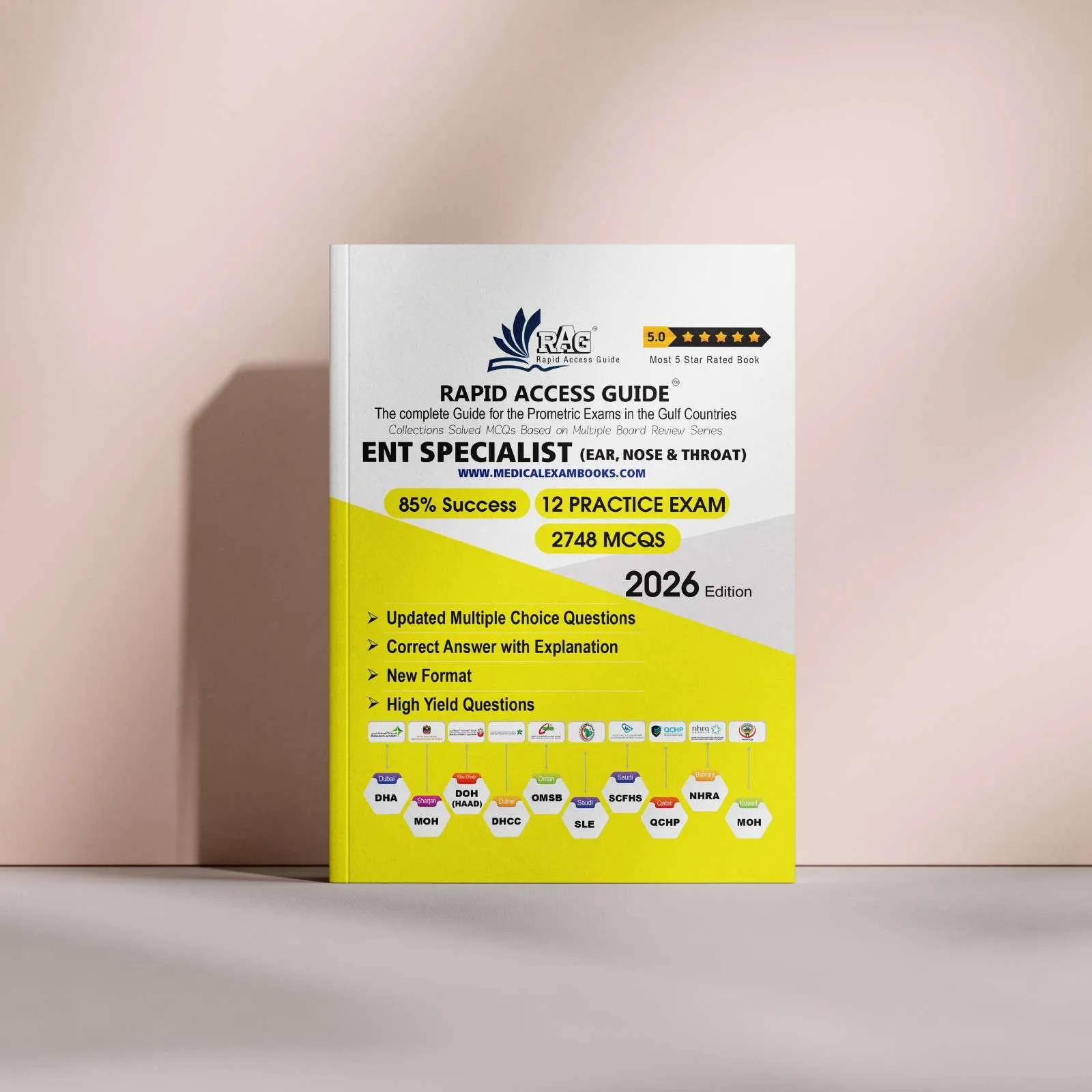 ENT Prometric MCQ review book for Gulf exams, designed for ENT specialists with exam-oriented clinical questions, mock tests, and updated explanations – 2026 edition