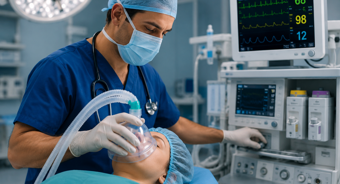 Anesthesiologist reviewing HAAD exam study materials with Prometric anesthesia MCQs and practice questions for exam preparation.