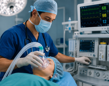 Anesthesiologist reviewing HAAD exam study materials with Prometric anesthesia MCQs and practice questions for exam preparation.