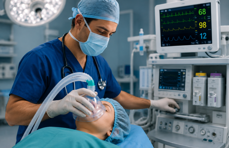 Anesthesiologist reviewing HAAD exam study materials with Prometric anesthesia MCQs and practice questions for exam preparation.